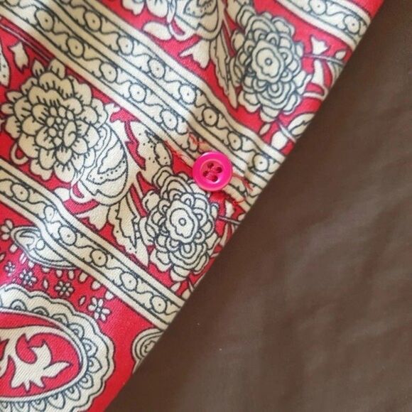 A. Jesdani Womens Blouse Top Paisley Red Size Medium Button Rolled Tab Sleeves - Picture 7 of 13